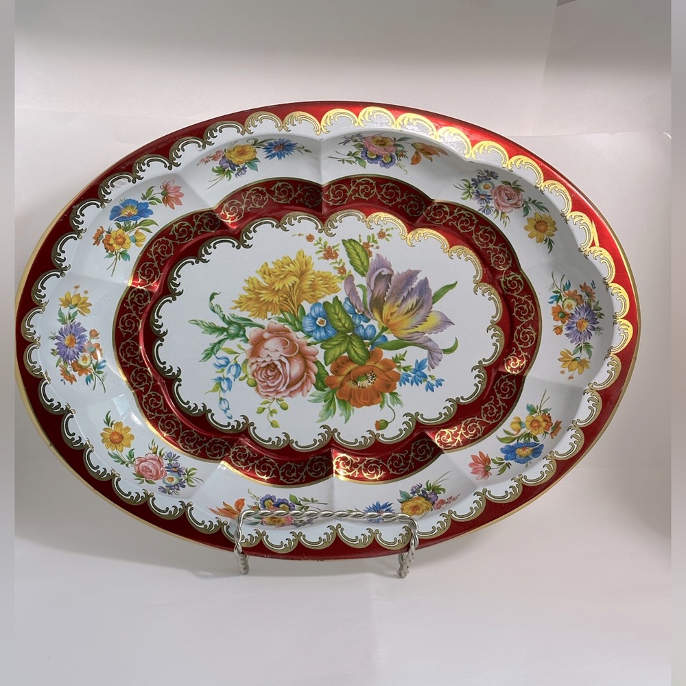 Vintage Daher Decorated Ware. Oval Metal Bowl Flowers, Burgundy and Gold Accent